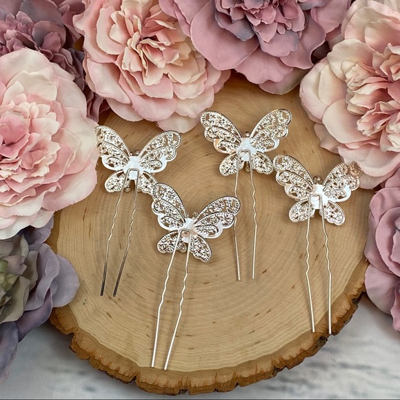 4 Pcs Crystal Butterfly Bridal Hair Pin Set - Picture 13 of 15